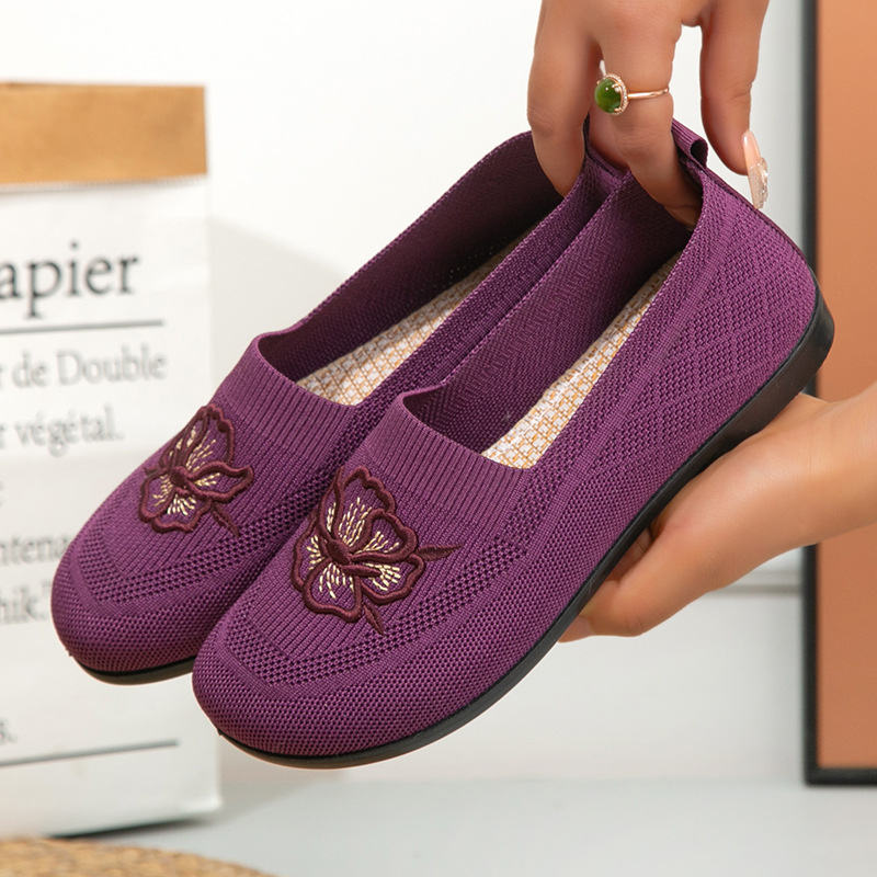 Embroidery Garments - Women Knit Slip On Loafers Floral