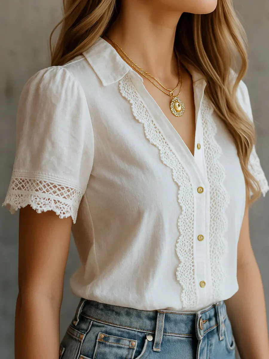 Embroidery Cotton Shirt - Elegant Women's Shirts Casual Solid Color
