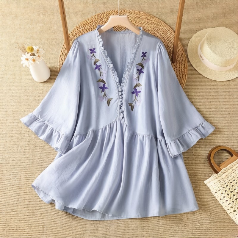 Embroidery Cotton Shirt - Elegant Purple Floral Embroidery Cotton Linen